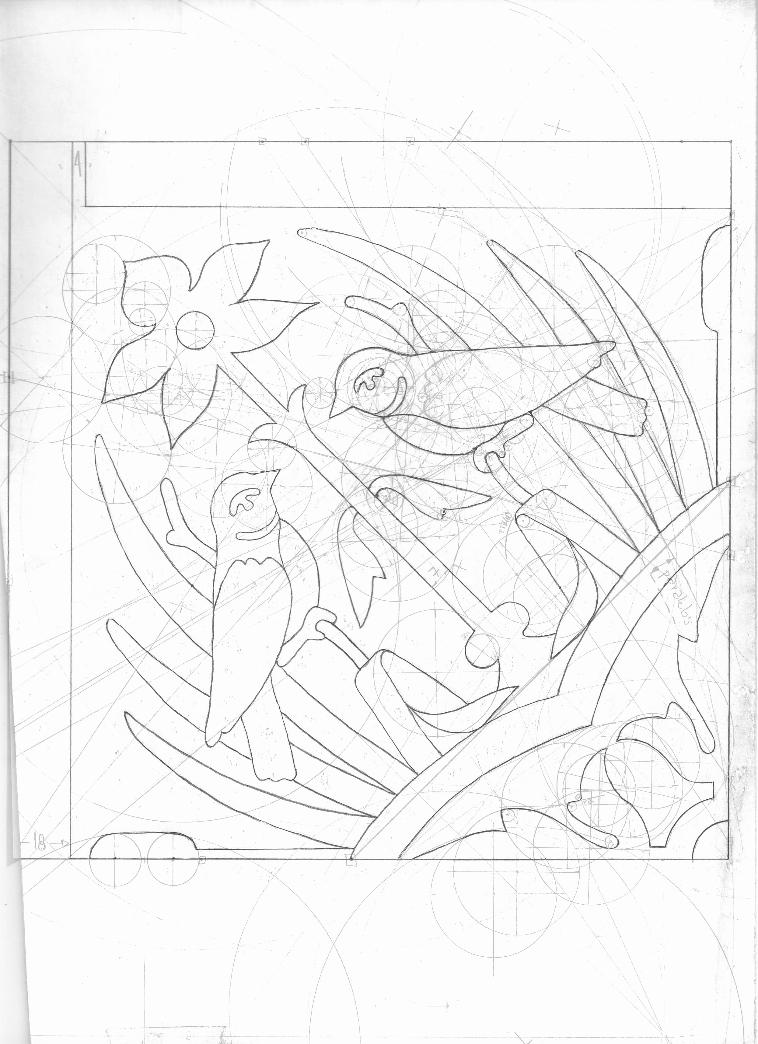Desenho técnico do ladrilho com dois pássaros entre folhas e flores