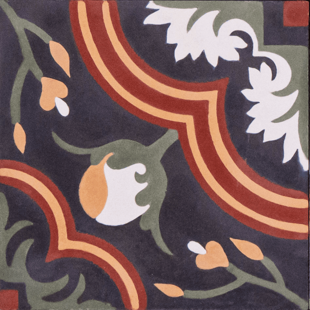 Ladrilho hidráulico floral em preto, vermelho, amarelo, verde e branco