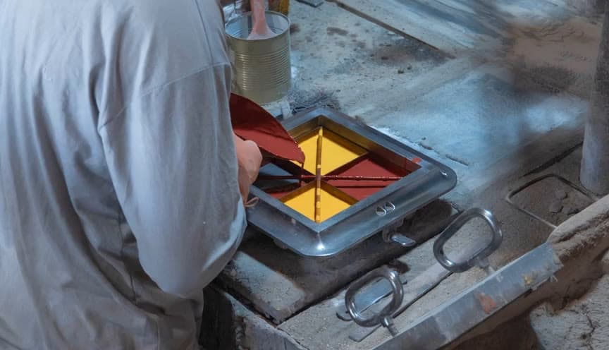 Artesão preenchendo um molde de ladrilho hidráulico com pigmentos vermelho e amarelo