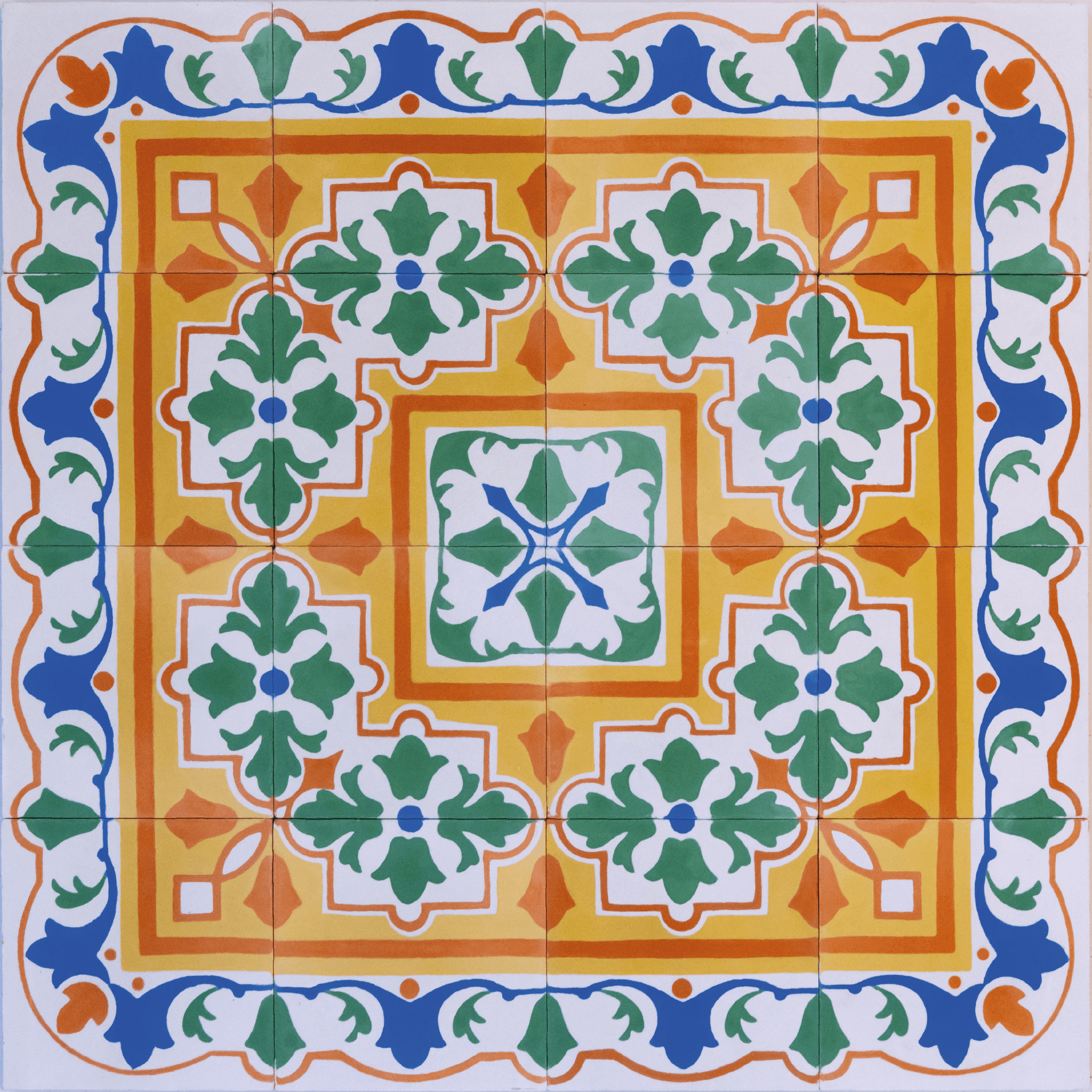 Painel clássico em tons de verde, azul e terracota