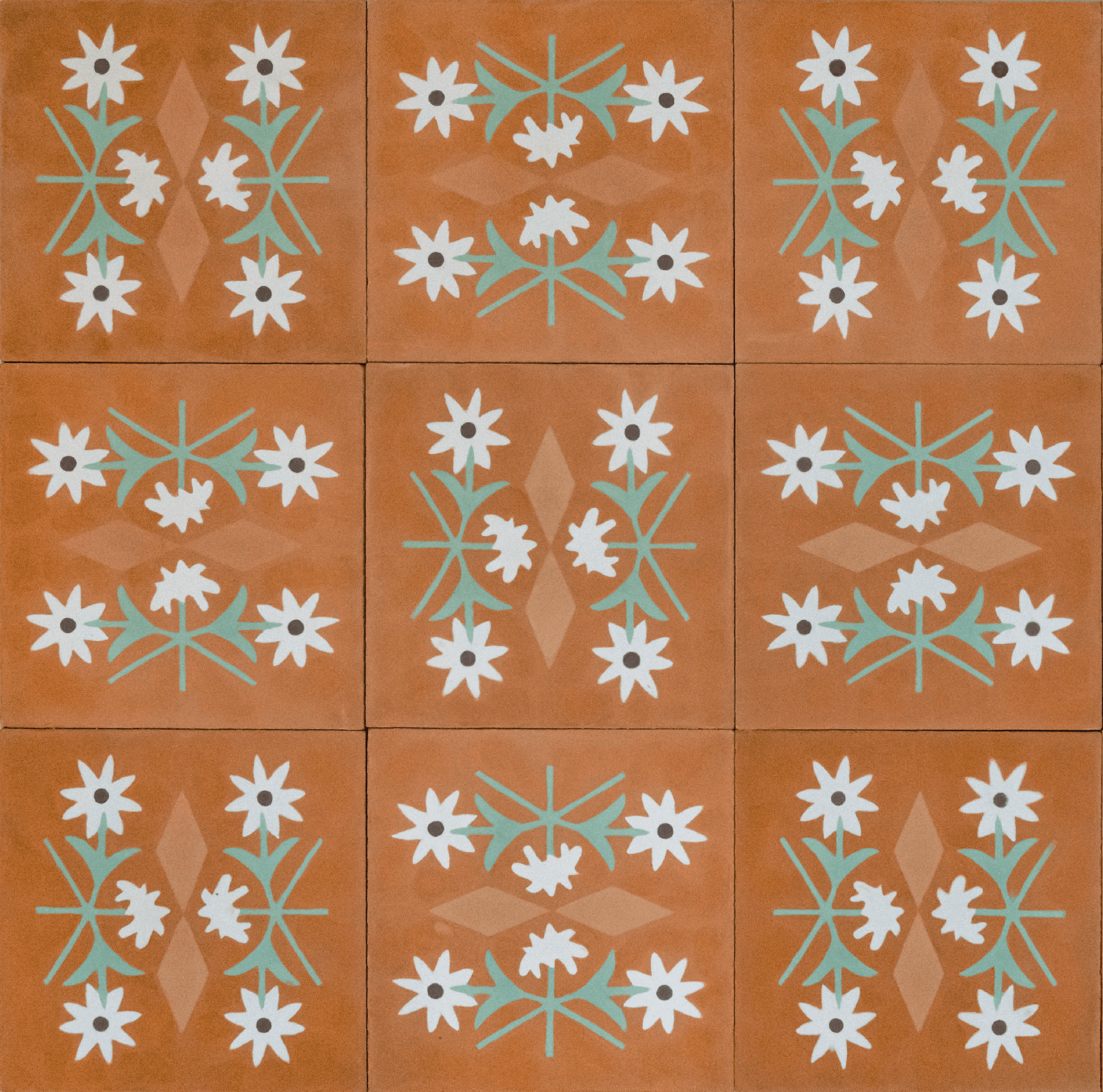 Painel de ladrilhos florais em terracota
